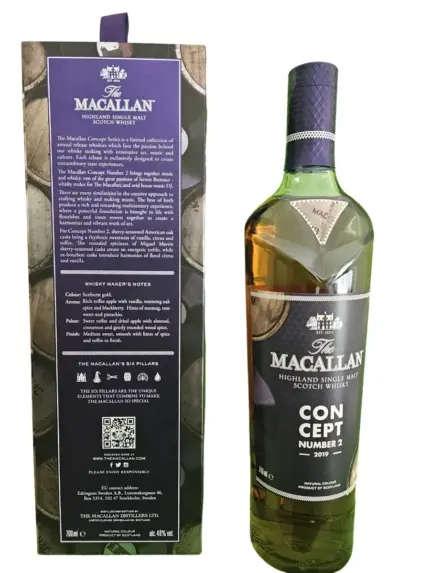 Die The Macallan Concept No.2 Travel Retail Edition zeigt eine grüne Flasche mit lila Akzenten und goldener Farbgebung, passend zum Musik-Konzept.